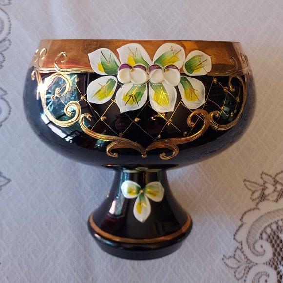 Handmade Rococo Thick Crystal Glass Dessert Candy Bowl Black/Gold NEW - Picture 1 of 9